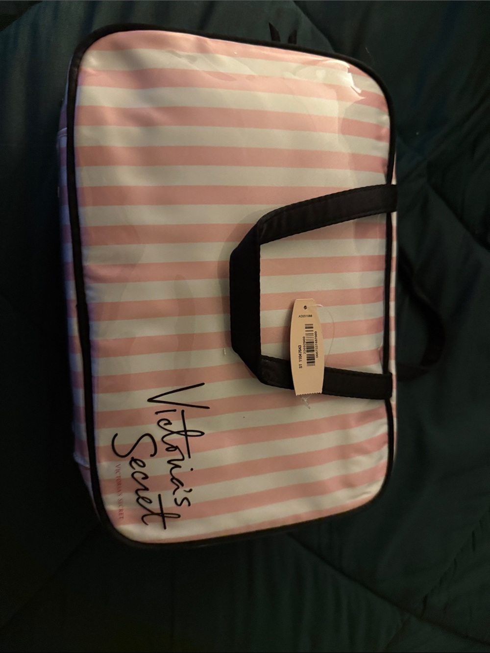 Victoria's Secret Pink & White Striped Cosmetic Tote with Black Trim